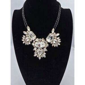 Statement Necklace Clear Rhinestone Crystal Gold Tone Black Braided Cord Choker